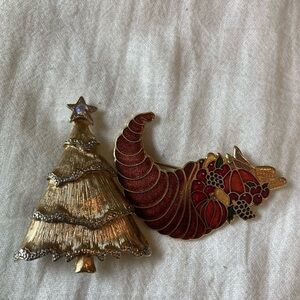 Vintage‎ Cornucopia & Christmas Tree Jewelry Lot of 2 Brooches Pins Holidays